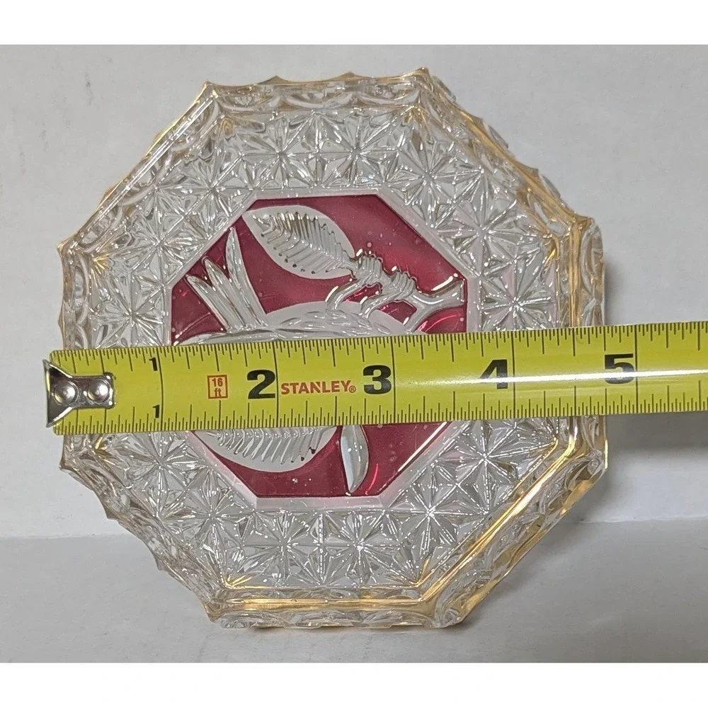 Vintage Hofbauer Byrdes Ruby Red Clear Cut Crystal and Brass Octagon Ashtray